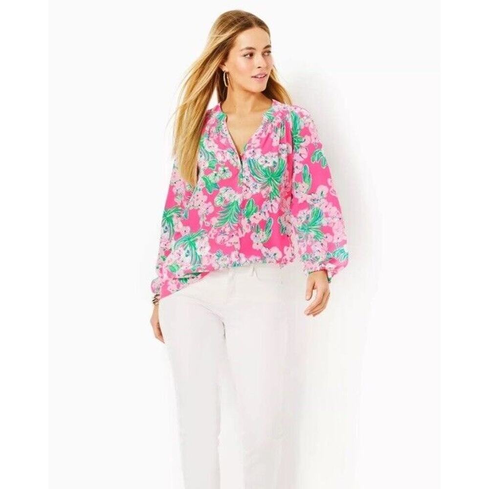 Lilly Pulitzer Elsa Pink Floral Pullover Blouse with Green Accents